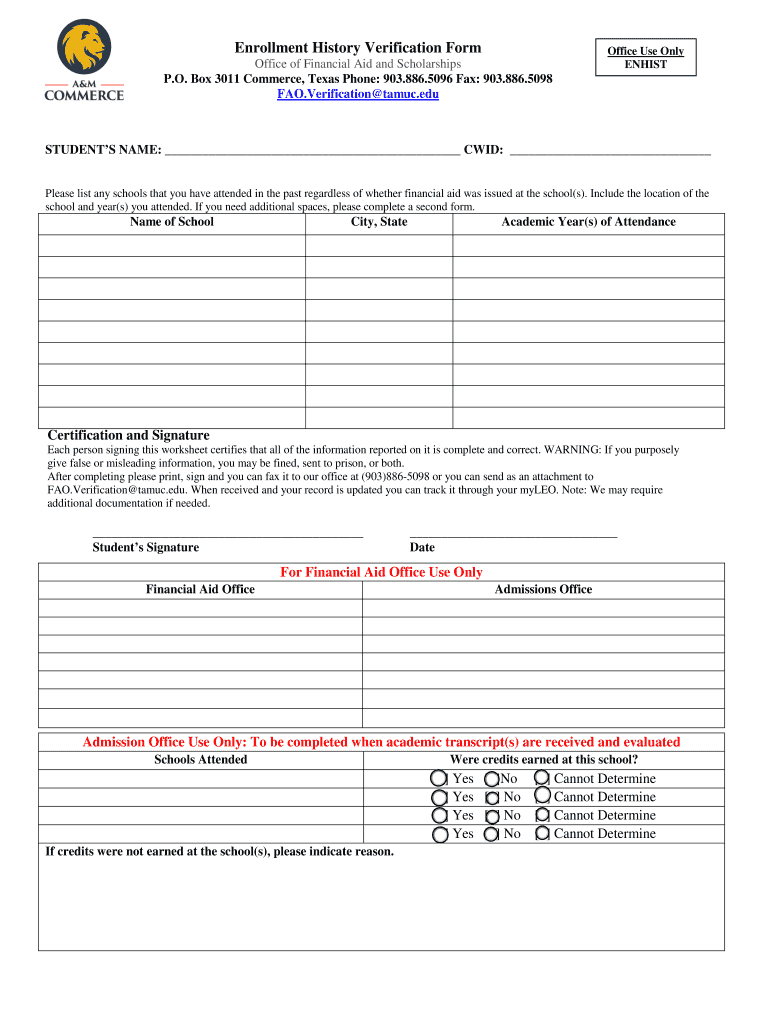  Enrollment History Verification Form Tamuc 2019