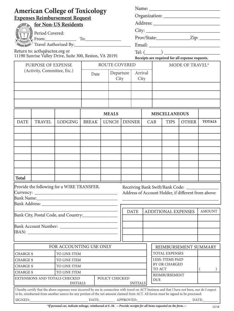  Expense Form for Non US Residents American College of 2018-2024