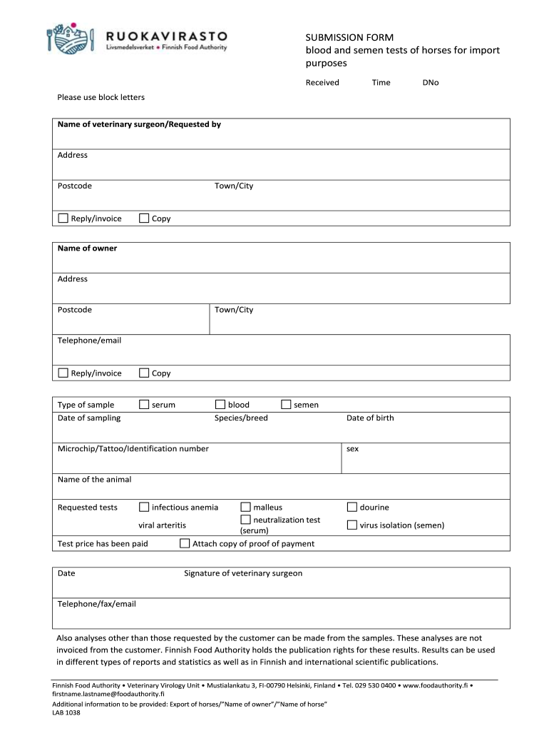 SUBMISSION FORM Blood and Semen Tests of Horses for Import