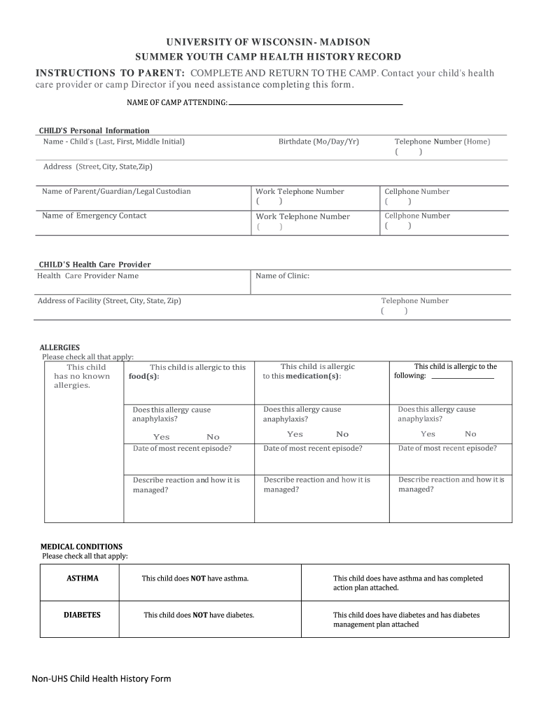 SUMMER YOUTH CAMP HEALTH HISTORY RECORD  Form