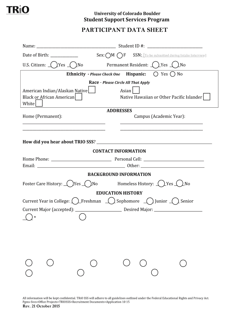  Participant Data Sheet University of Colorado Boulder 2015-2024