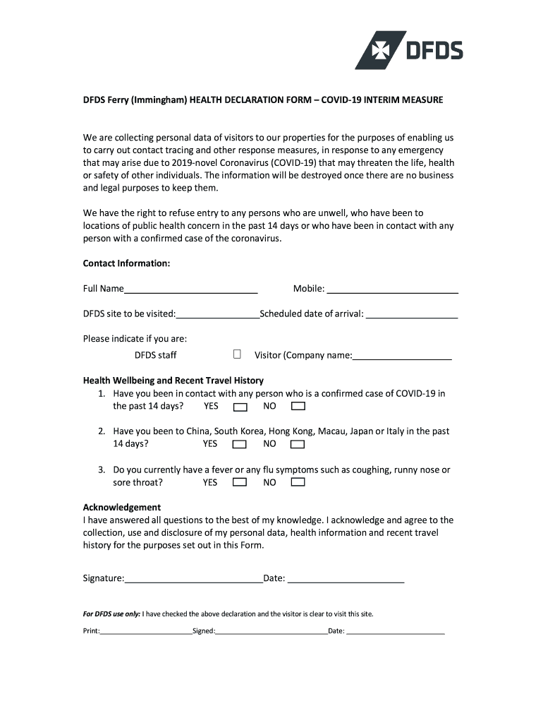 Dfds Health Declaration Form