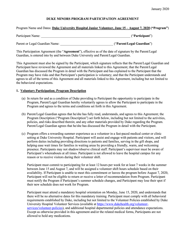 DUKE MINORS PROGRAM PARTICIPATION AGREEMENT  Form