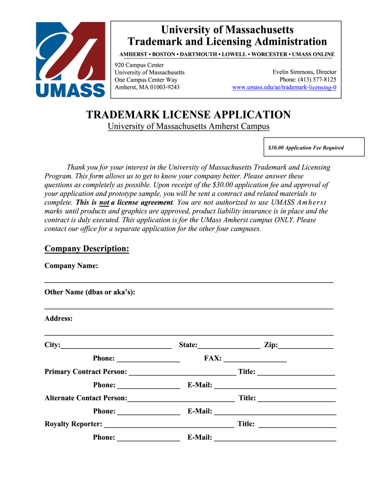 University of Massachusetts Trademark and Licensing  Form