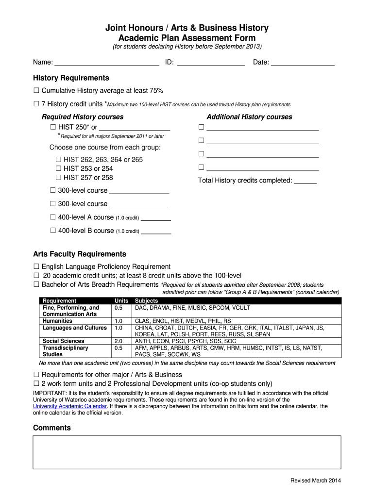 Joint Honours Arts & Business History  Form