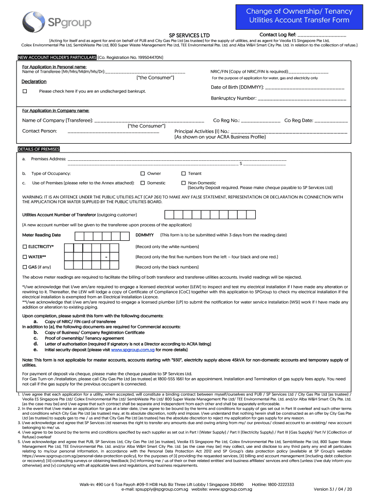 Get and Sign Change of Ownership Tenancy Utilities Account Transfer Form 2020-2022
