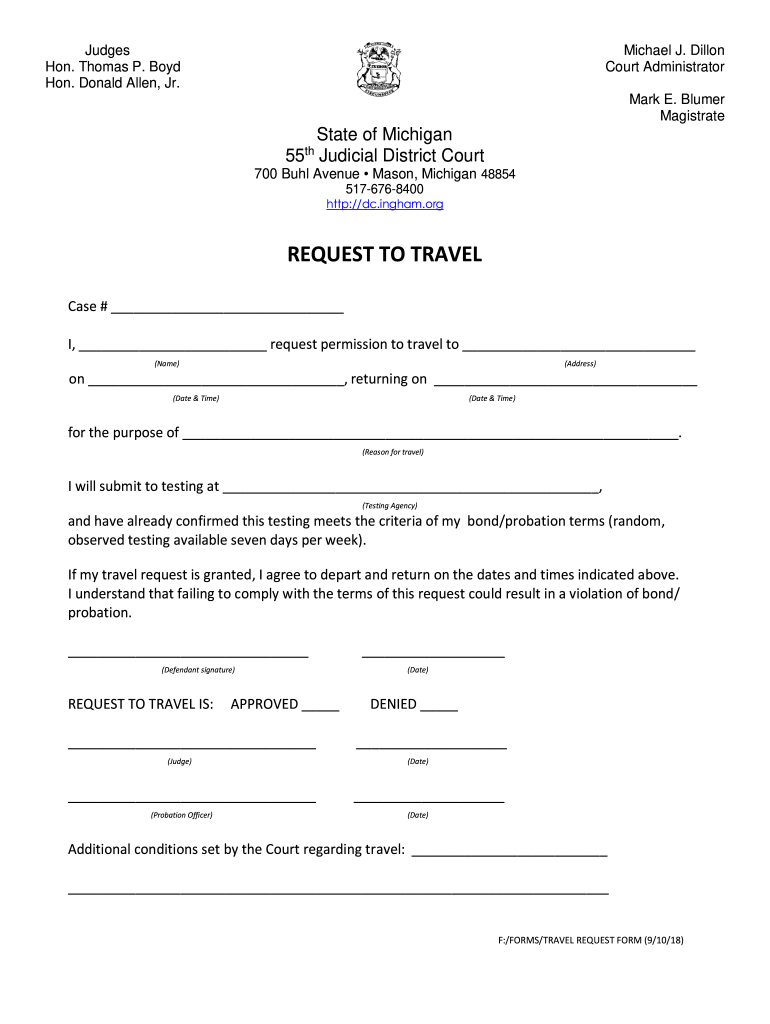 Get and Sign Travel Request Form Ingham County 55th District Courthouse 2018-2022