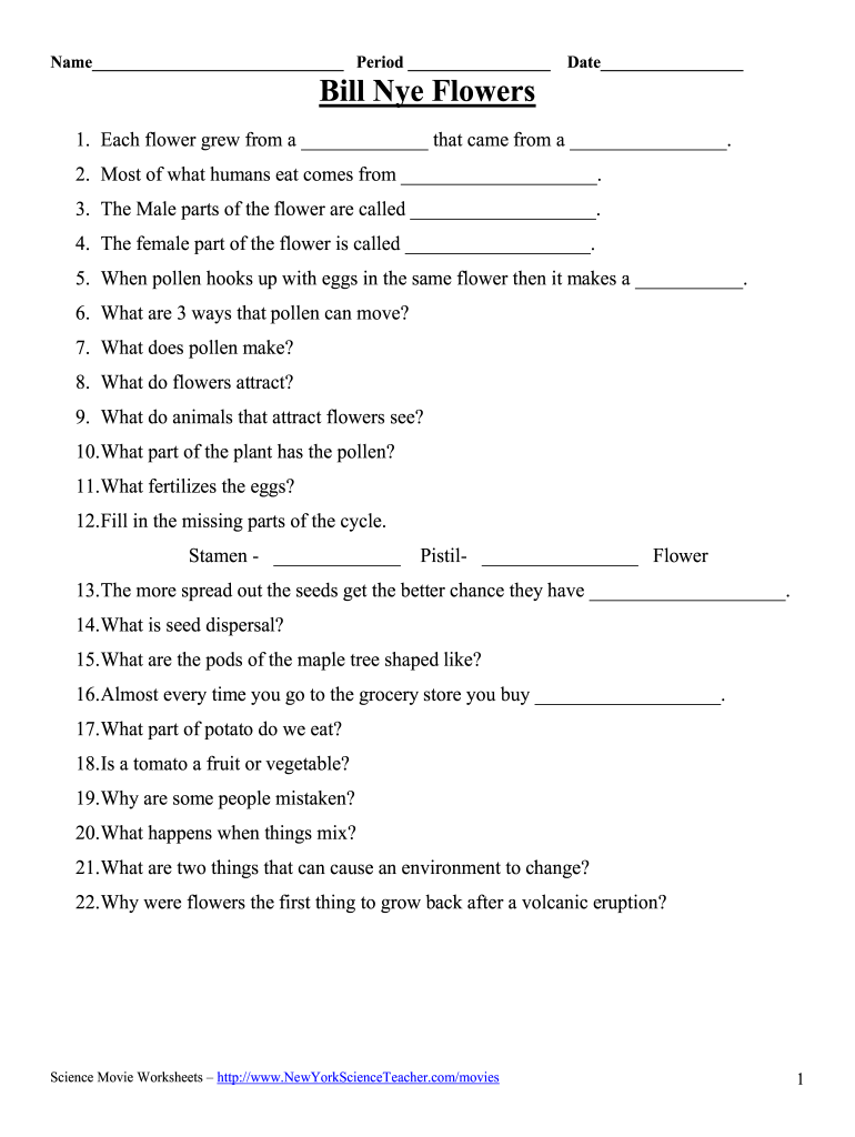 Bill Nye Flowers Worksheet  Form