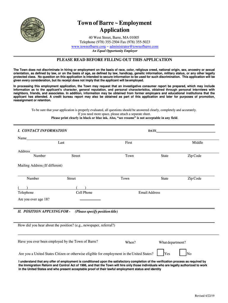 Town of Barre Employment  Form