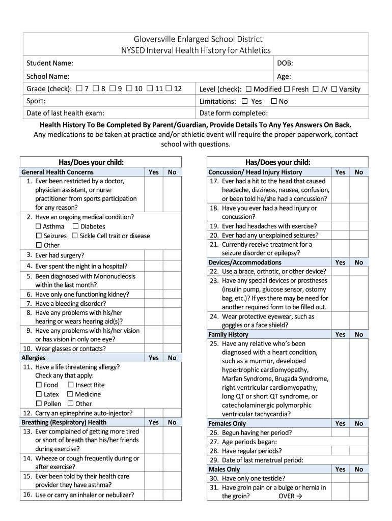 Nysed Interval Health History Form