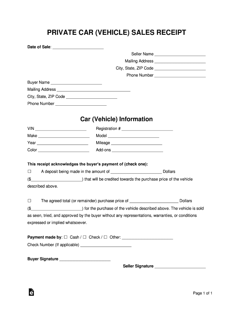Private Car Vehicle Sales Receipt  Form