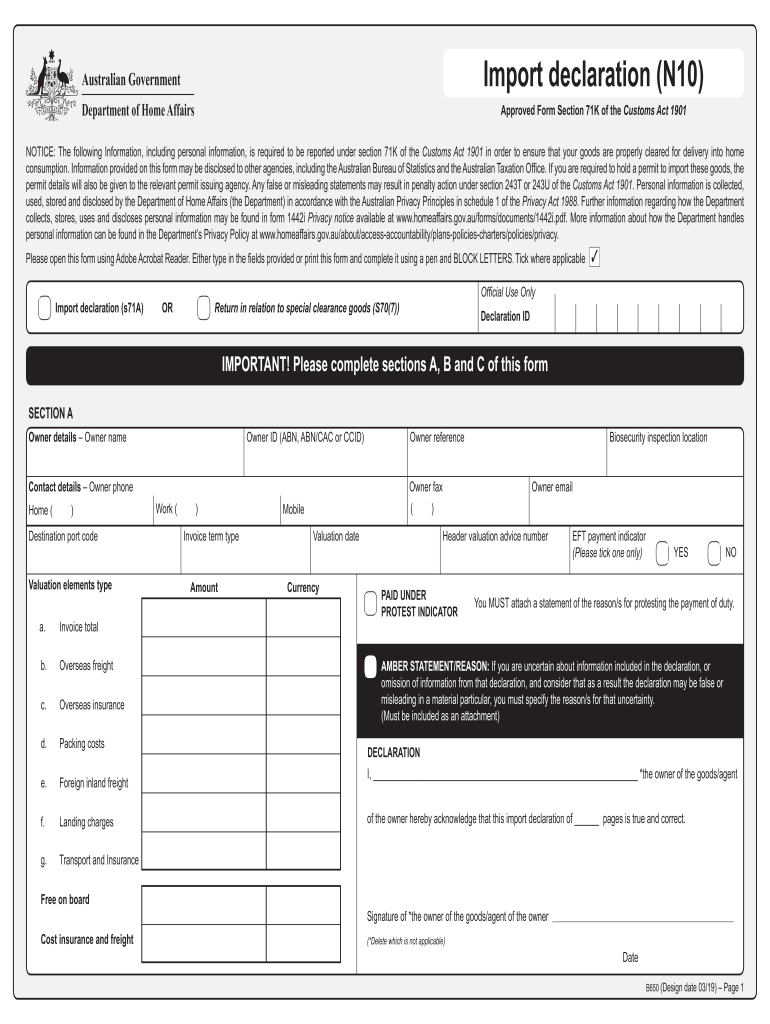  Form B650 Import Declaration N10 2019-2024