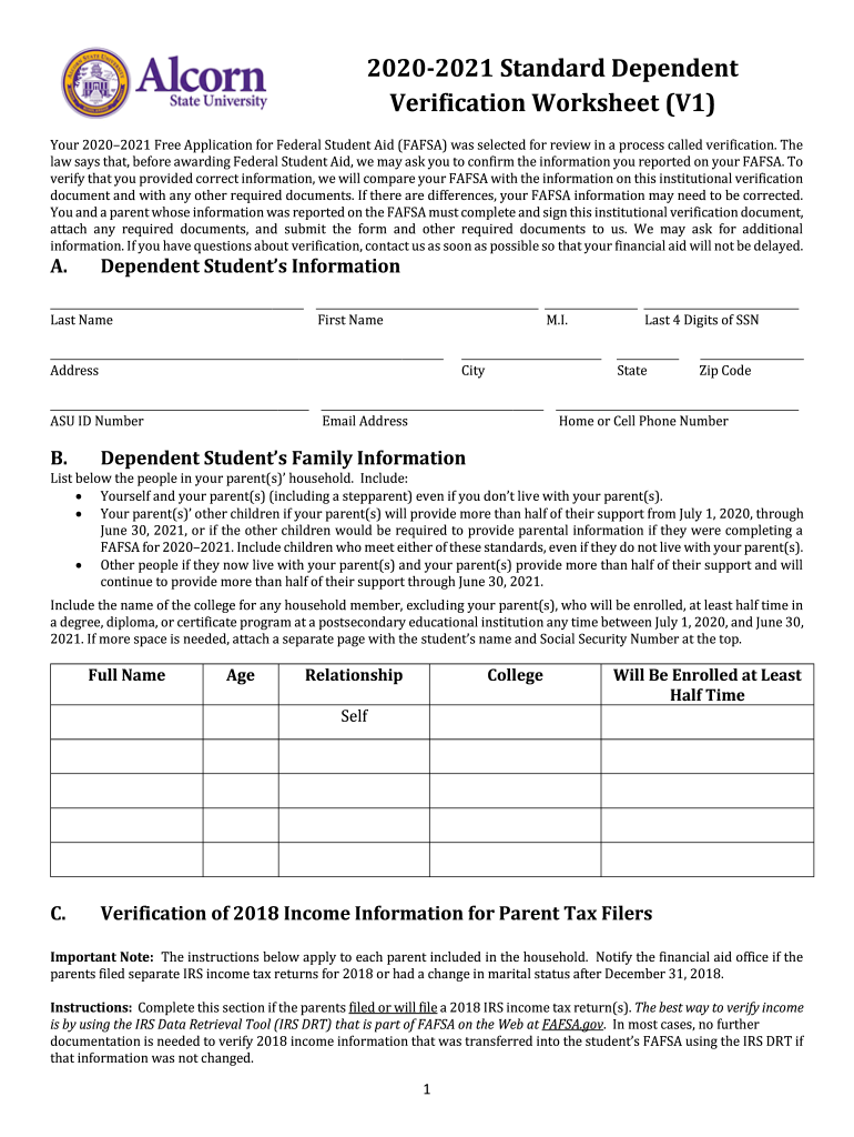  Standard Verification Worksheet Dependent Student 2020