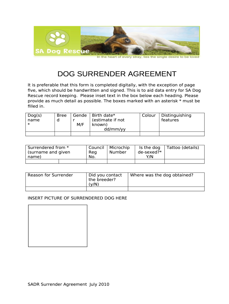 DOG SURRENDER AGREEMENT  Form