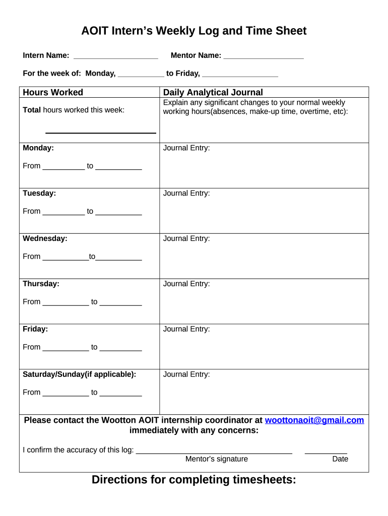 Internship Journal Template  Form