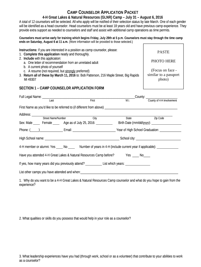 Camp Counselor Application Template  Form