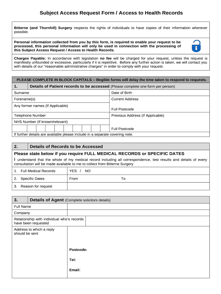 Subject Access Request Form Thornhills Medical