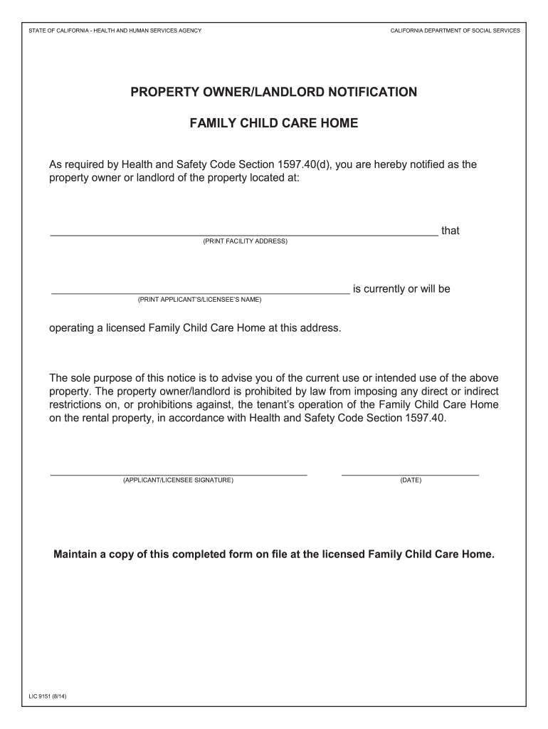  Form LIC9151 'Property OwnerLandlord Notification Family 2014-2024