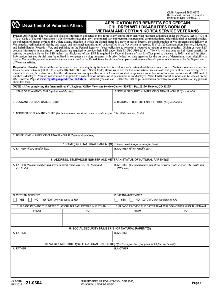  21 0304 Application for Benefits for Certain Children with Disabilities Born or Vietnam and Certain Korea Service Veterans 2020