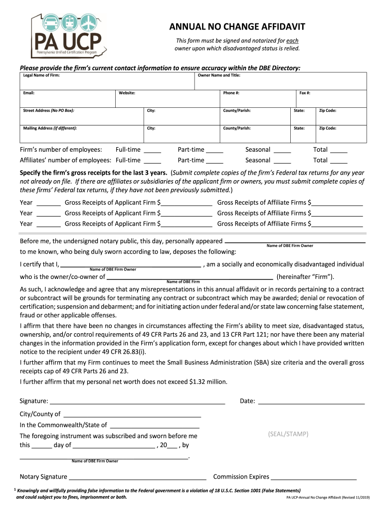 Pa Ucp Dbe Annual Affidavit  Form