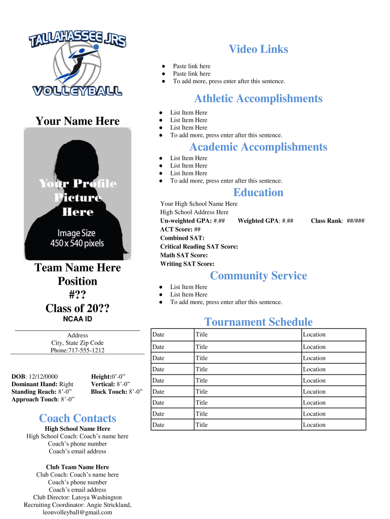 Volleyball Player Profile Template  Form