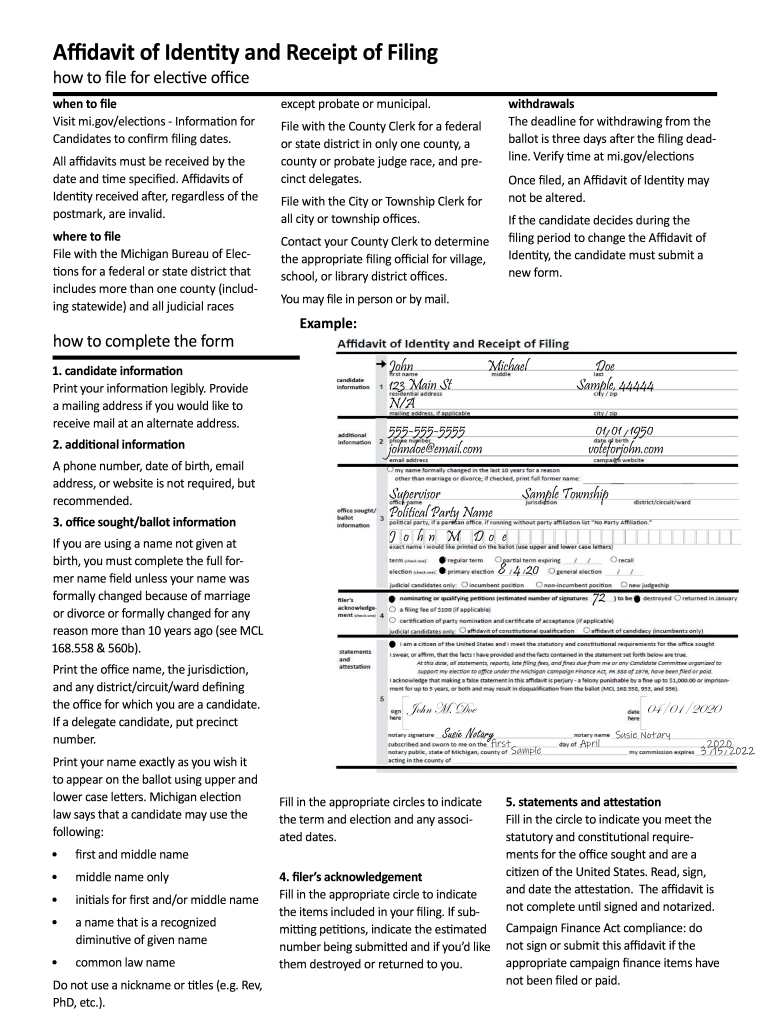  Michigan Affidavit of Identity 2019-2024