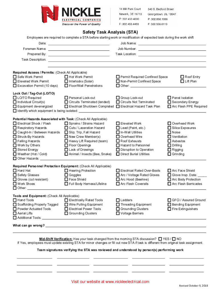 Safety Task Analysis STA Employees Are Required  Form