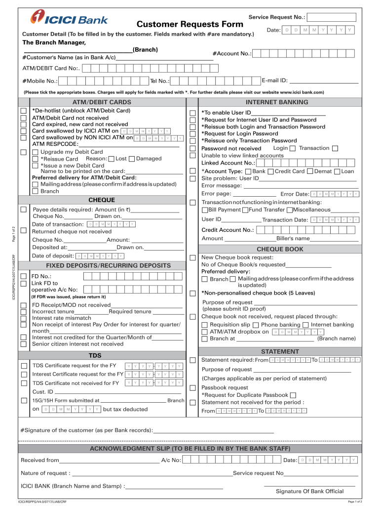 Customer Requests Form ICICI Bank