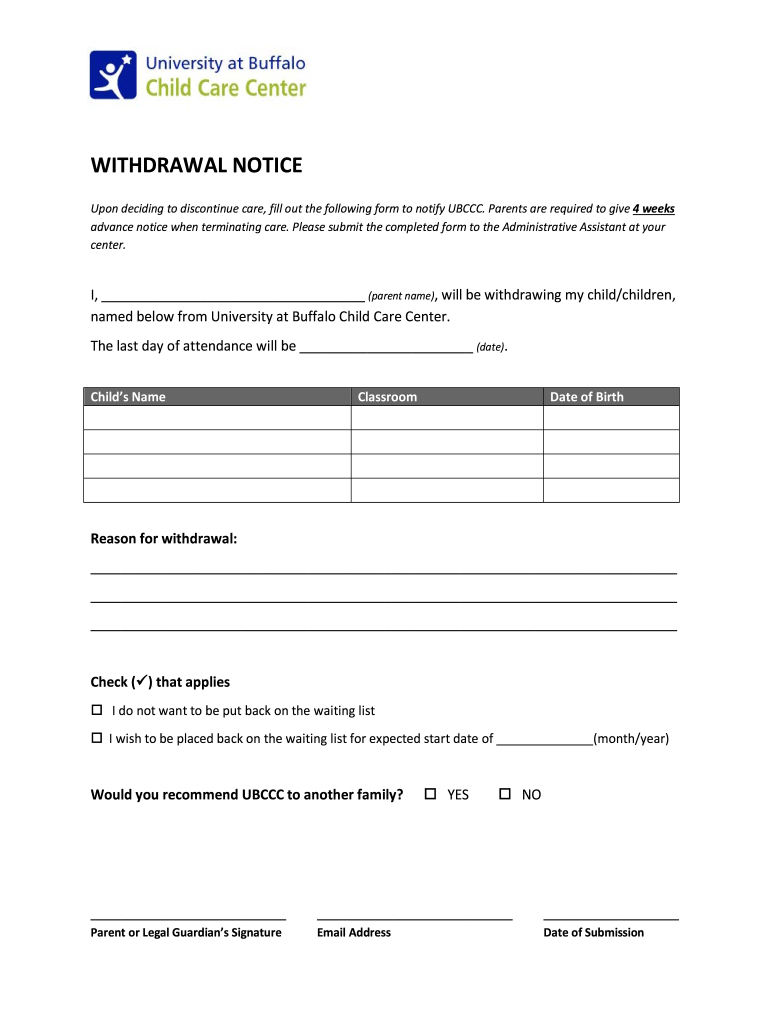 Daycare Notice of Withdrawal Form Form Mobile App iPhone