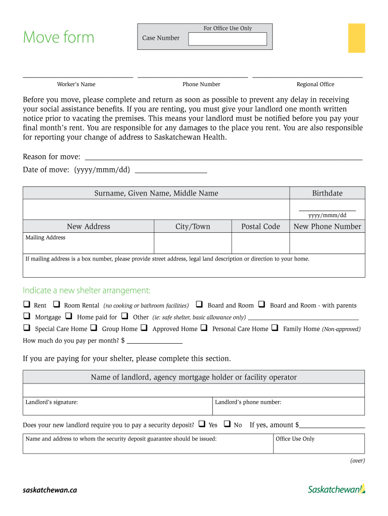  Saskatchewan Assistance Move Form 1006 2012-2024