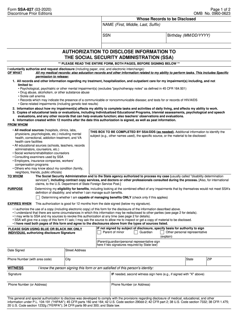 SSA 827 Authorization to Disclose Information to the Social Security Administration SSA