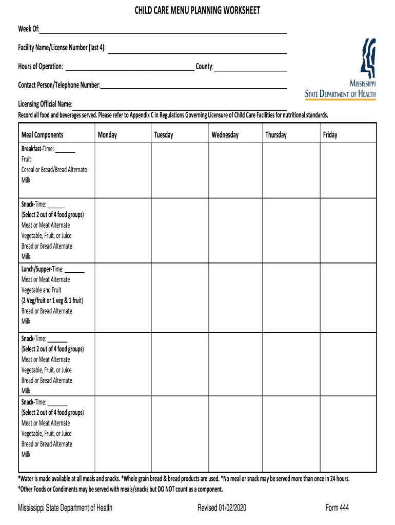  CHILD CARE MENU PLANNING WORKSHEET 2020-2024