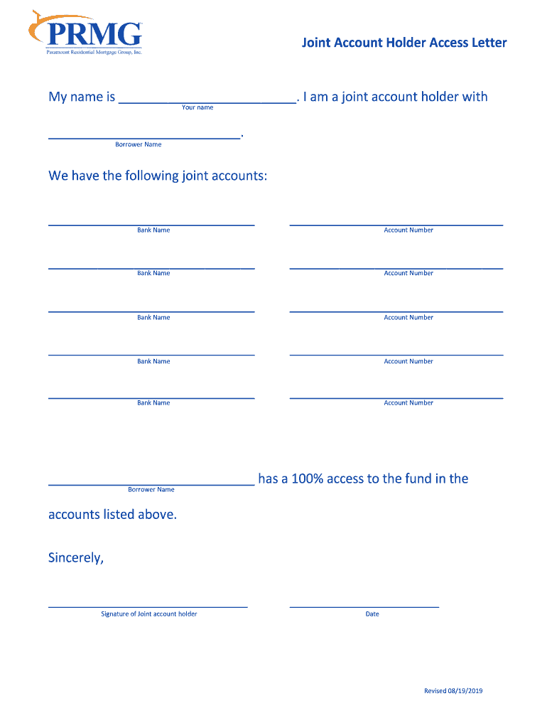 Joint Account Holder Access Letter  Form