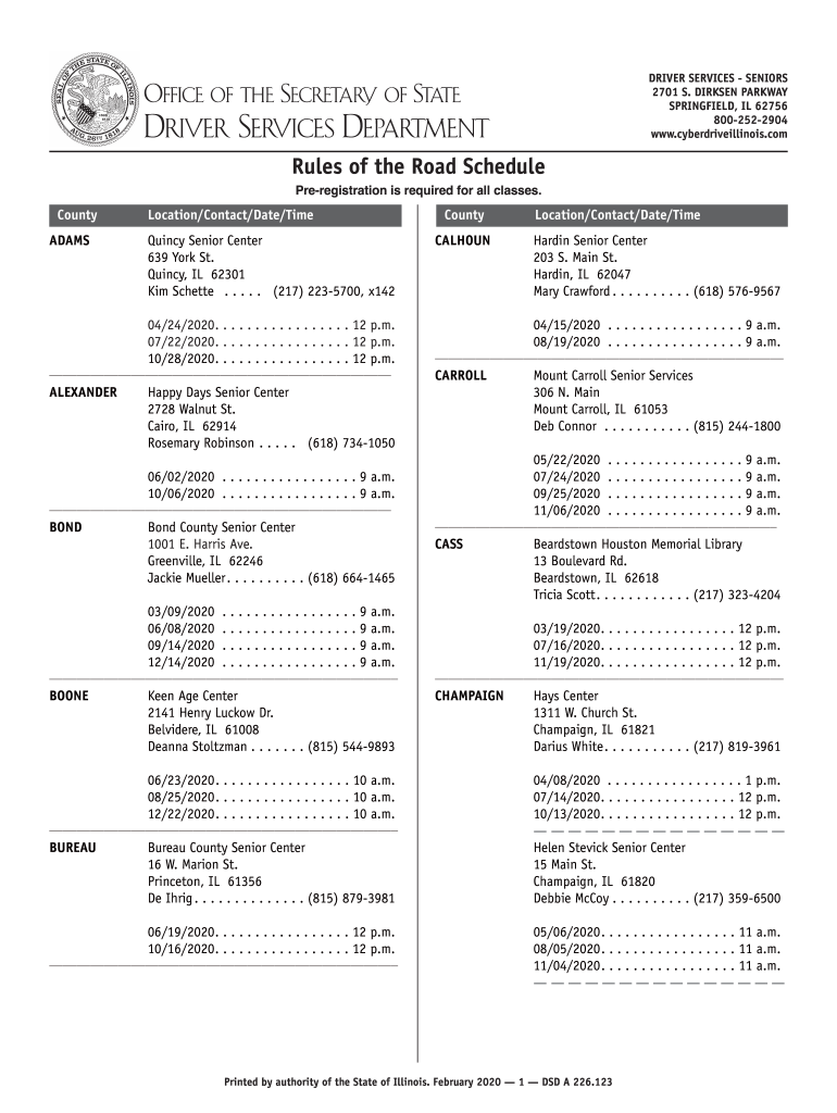 Illinois Secretary of State Rules of the Road Schedule  Form