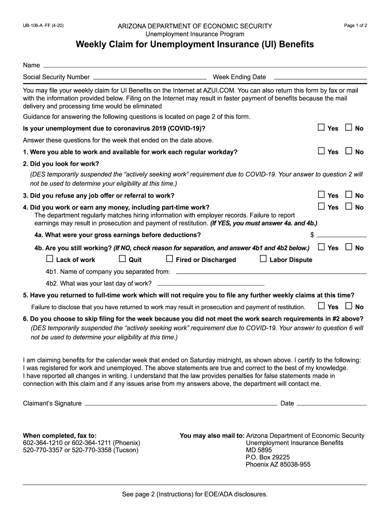  UB 106 a Weekly Claim for Unemployment Insurance UI Benefits UB 106 a 2020