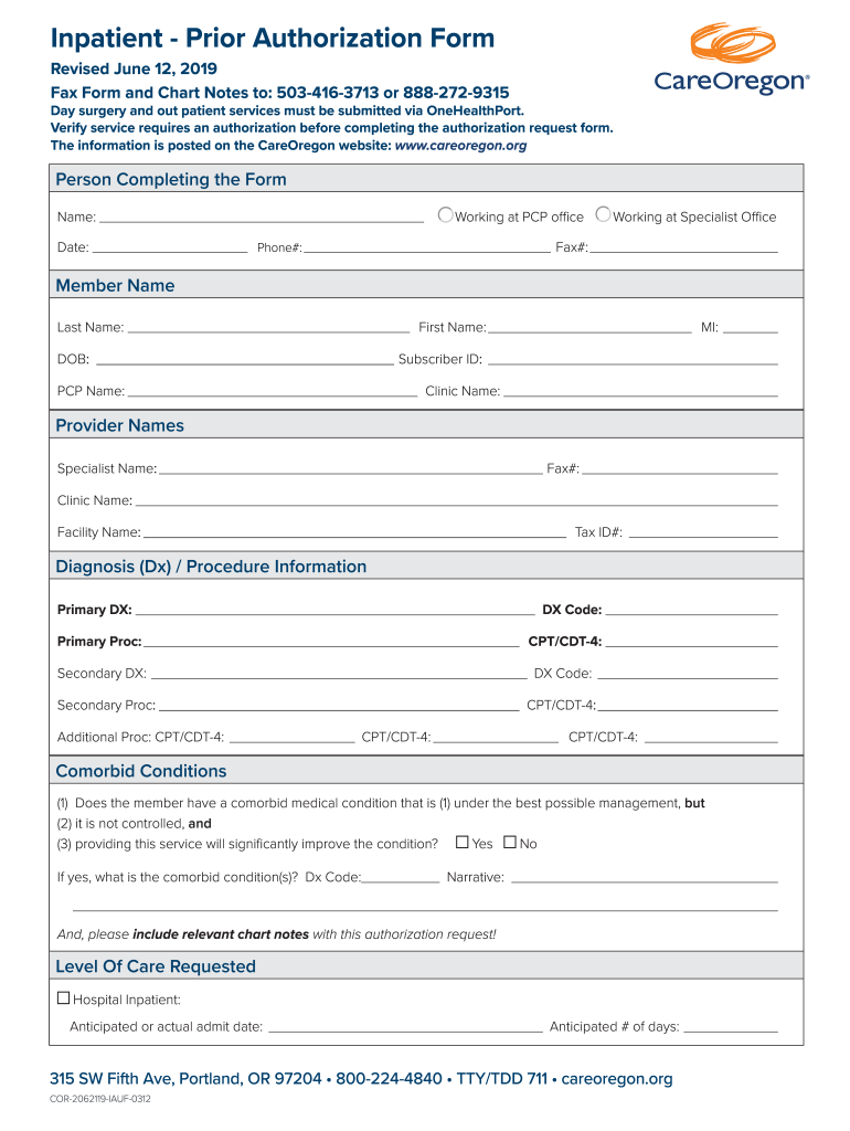  Dental Hospitalization Authorization Form OHP and Medicare 2019-2024