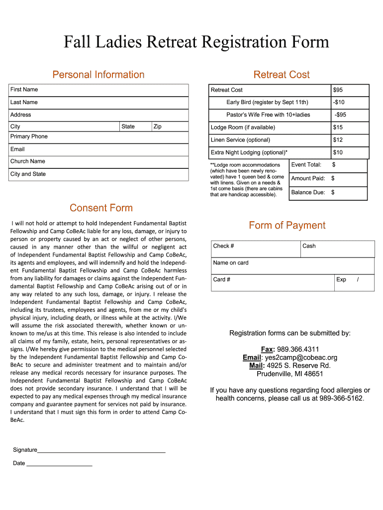 Fall Ladies Retreat Registration Form