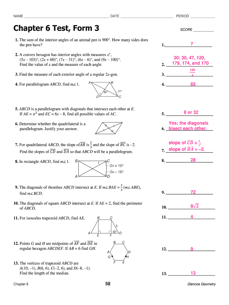 Chapter 6 Test Form 1 Geometry Answers