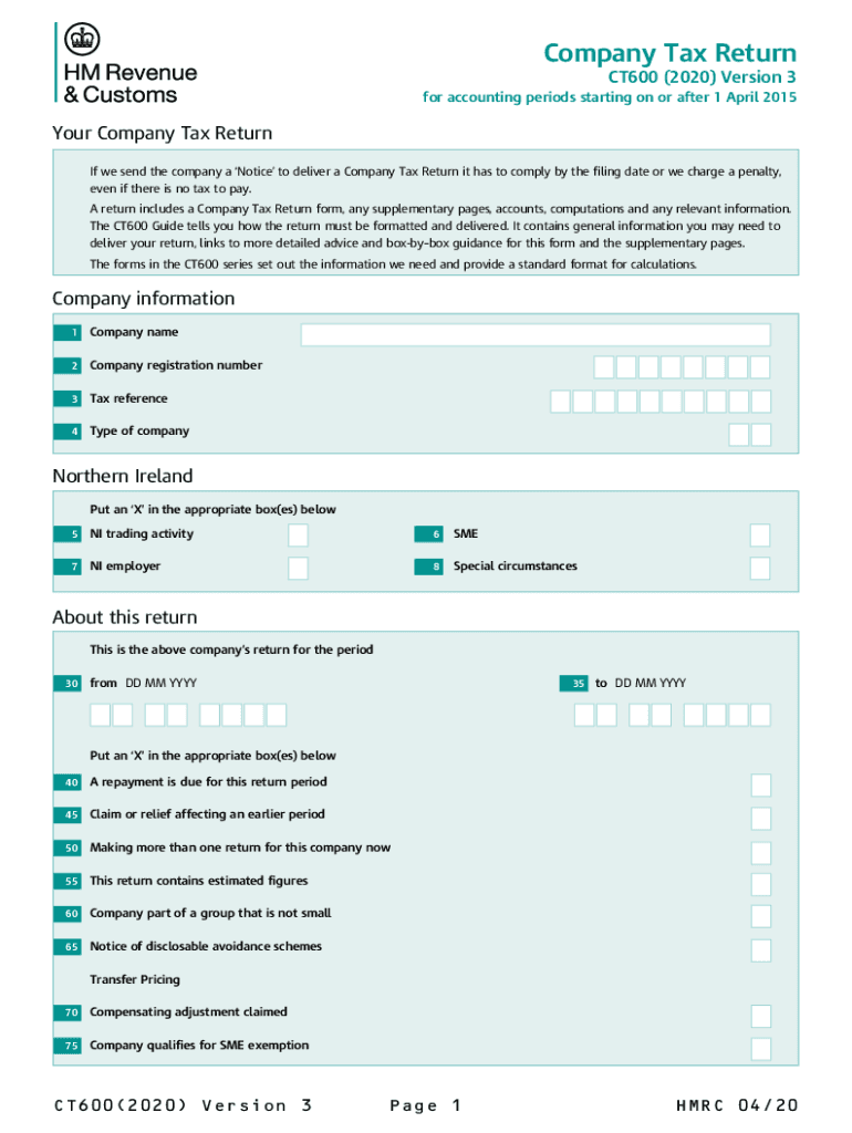  Company Tax Return CT600 Version 3 Use for Accounting Periods Starting on or After 1 April 2020