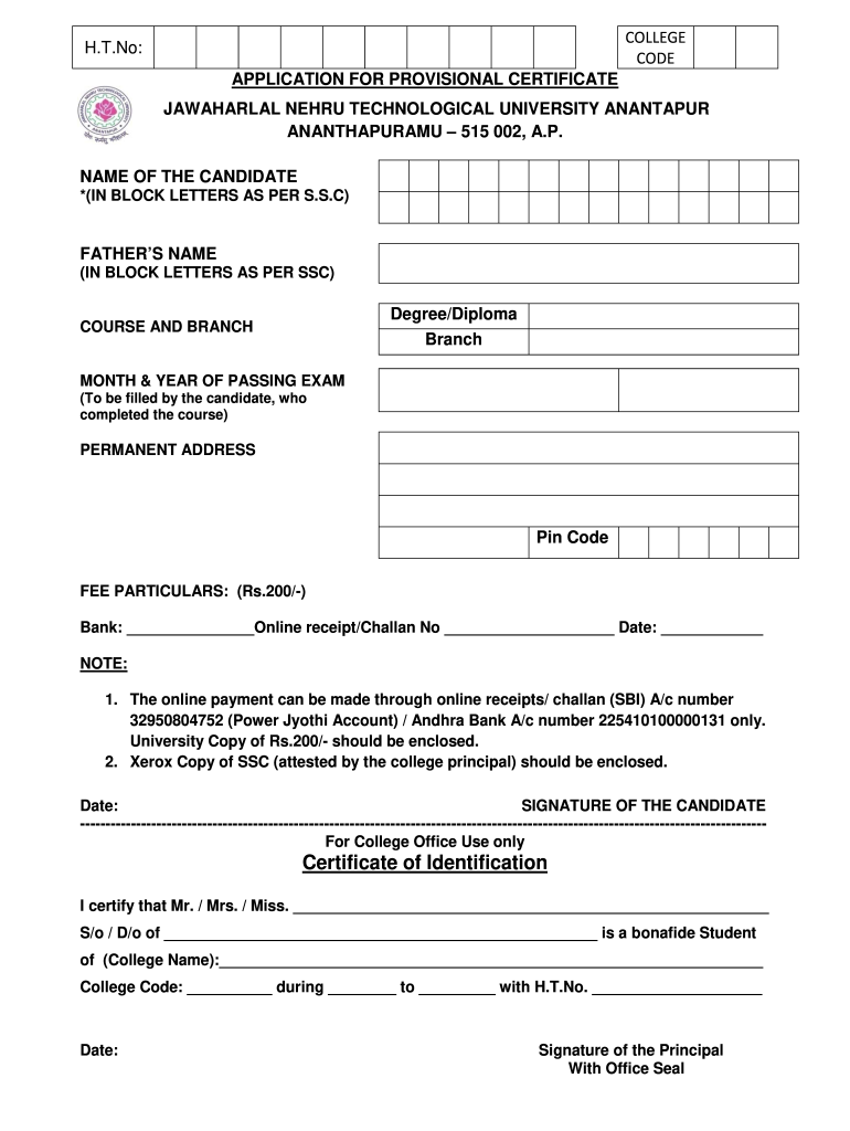 Jntua Provisional Certificate Download  Form