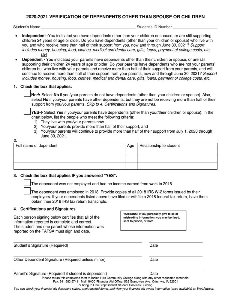  Verification of Dependents Other Than Spouse or 2020-2024