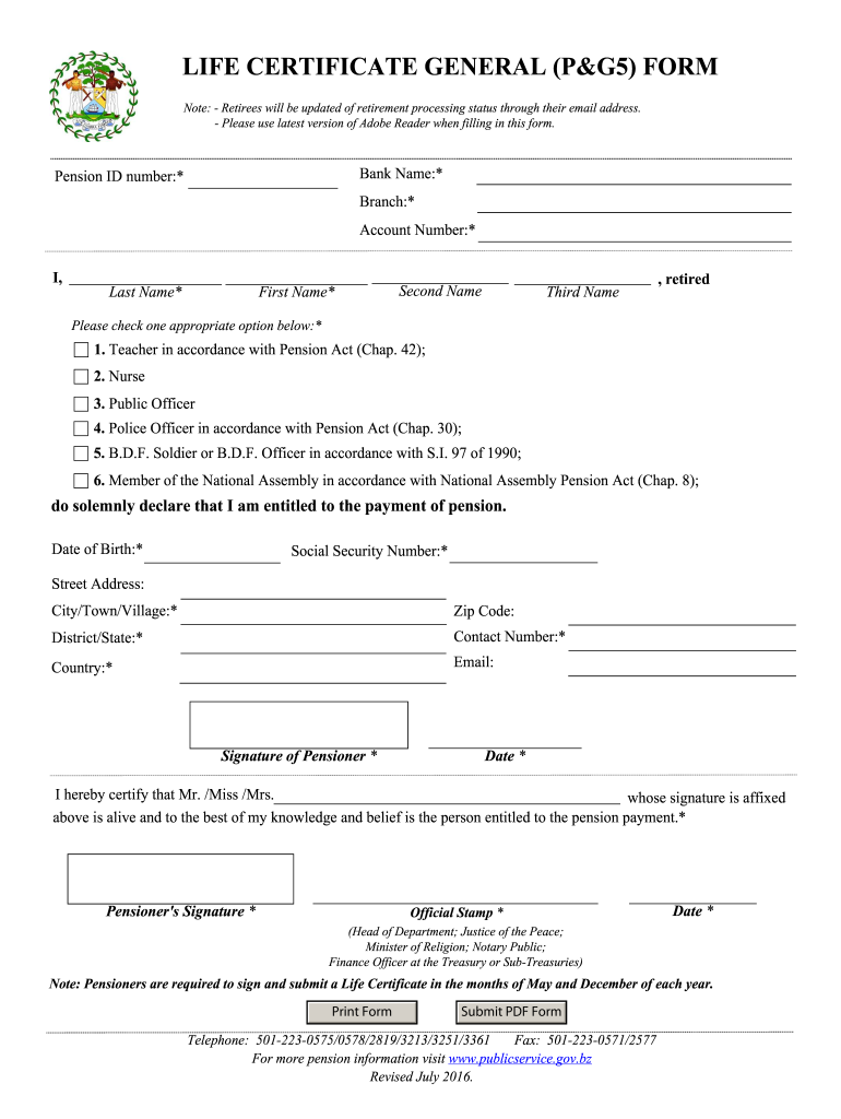 Life Certificate Form for Pensioners Belize