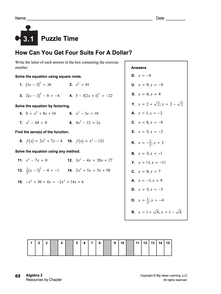 3 1 Puzzle Time Answer Key Algebra 2  Form