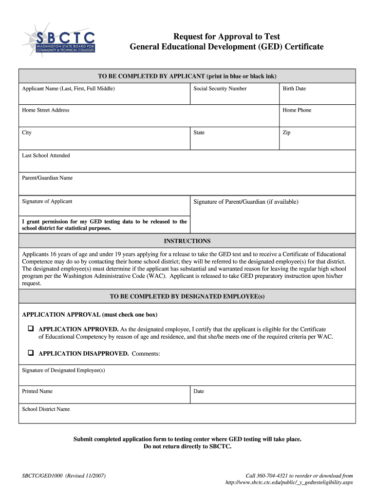 Request for Approval to Test Ged Washington  Form