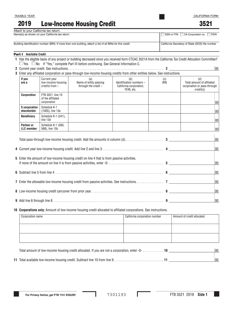  California Form 3521 Low Income Housing Credit , California Form 3521, Low Income Housing Credit 2019