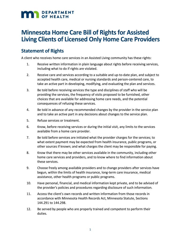 Minnesota Home Care Bill of Rights for Assisted Living  Form
