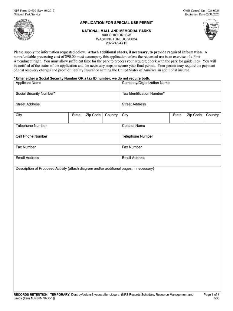  NPS Form 10 930 Application for Special Use Permit for National Mall and Memorial Parks Special Use Permits 2017