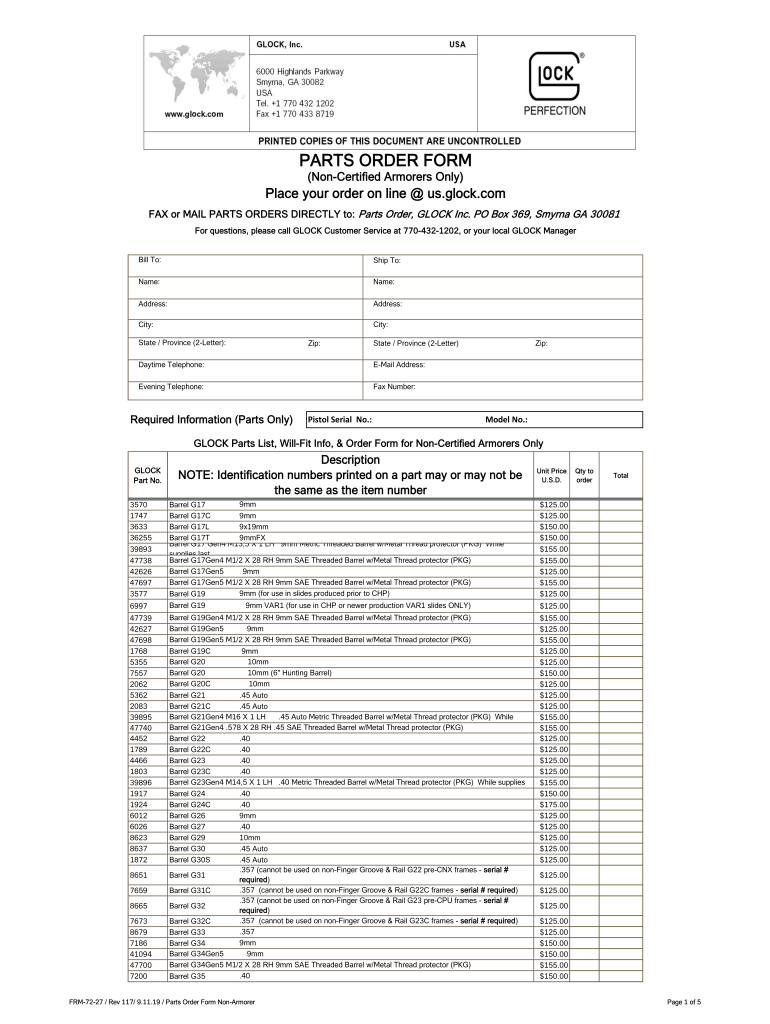 Glock Parts Order Form