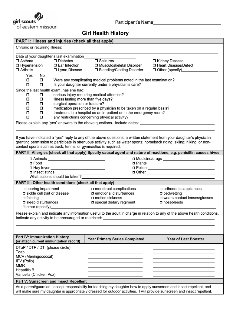 Get and Sign Girl Health History Annual Permission, F 57 Girl Scouts of 2019-2022 Form
