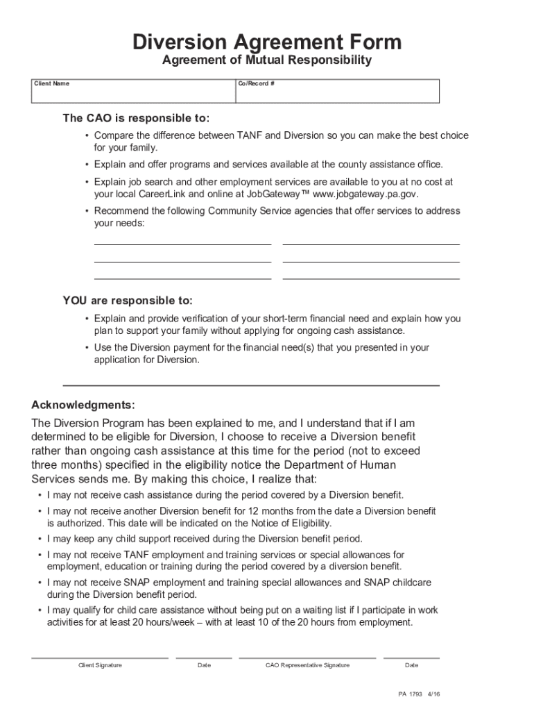  Diversion Agreement Form 2016-2024